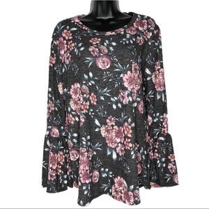 VEVERET floral bell sleeve tunic charcoal pink | M